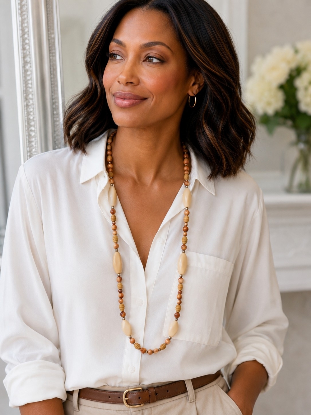 Elegant Cream and Brown Beaded Long Necklace